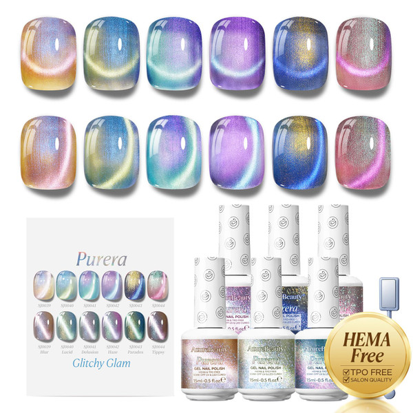 AZUREBEAUTY 15ml HEMA Free Purera Cat Eye Gel Nail Polish Set with Magnet, 6 Colors Aurora Galaxy Shimmer Glitter Holographic Soak Off UV LED Nail Art for DIY at Home Manicure Salon Gift