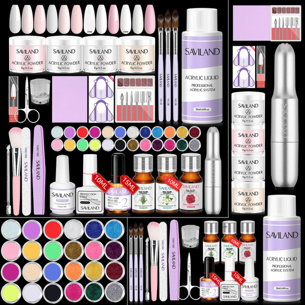 SAVILAND Acrylic Nail Kit with Drill & Essential Oil: Professional Acrylic Nails Kit for Beginner with Everything Nail Powder & Liquid Nail Primer Complete Home DIY Kit Salon Women Christmas Gift