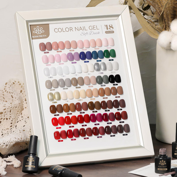 Born Pretty Nude Pink Gel Nail Polish 52Pcs Skin Tone White Beige Khaki Green Burgundy Red Purple Brown Chocolate Gold Silver Shimer Glitter Gel Polish with Glossy Matte Glitter Base Top Coat