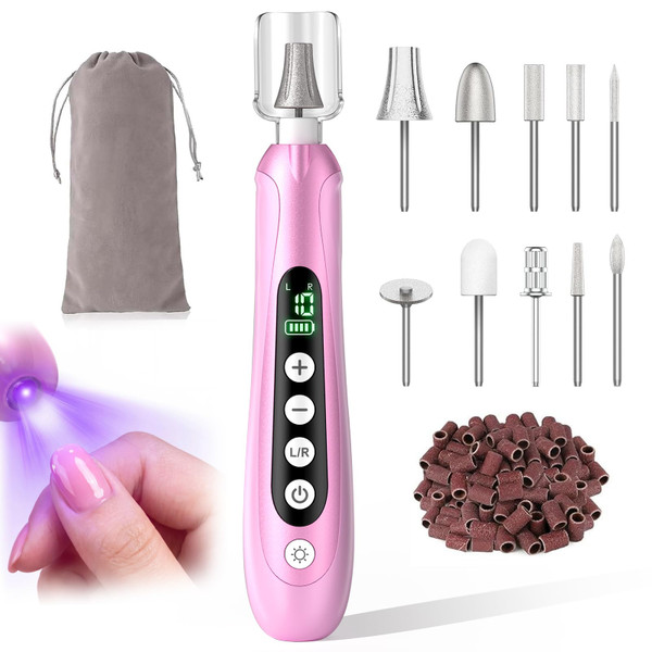 Pro Nail Drill Kit, Electric Nail File with UV Dryer Lamp & LED Light, 10000RPM Low Vibration & Noise, 10 Speeds, 3000mAh Cordless Nail dremel, Toenail Grinder for Manicure Pedicure Home Use, Pink