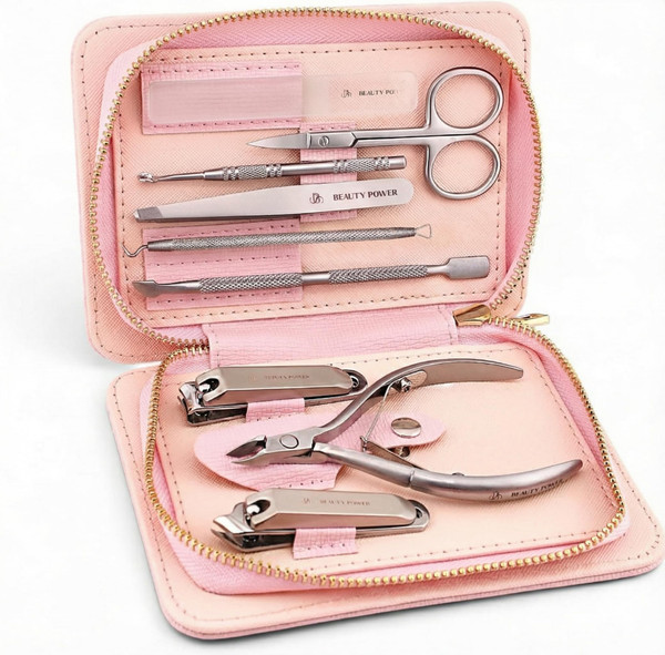 Beauty Power 9 in 1 Professional Manicure Pedicure Set - Stainless Steel Nail Clippers, Nano File, Cuticle Nipper, Scissors, Tweezers, Travel PU Leather Case for Men & Women - Gift Idea - Pink