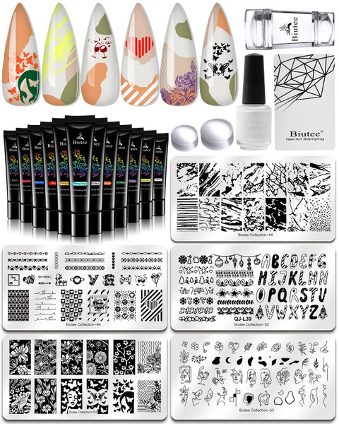 SEISSO 12 Colors Nail Stamping Polish Gels+5Pcs Stamp Print Templates+1 Peel Off Nail Tape Stamp Latex+1 Stamper with Scraper, Stamping Nail Polish Art Set Manicure Gift Collection