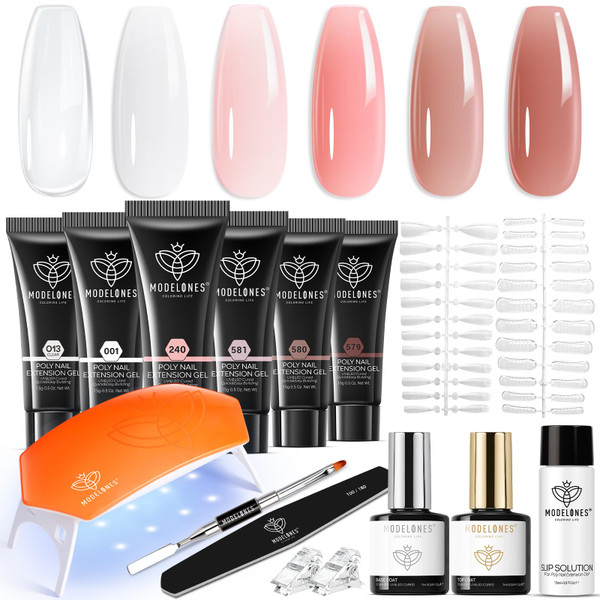 modelones Poly Nail Gel Kit 6 Colors with 8 W Lamp Polygel Toenail Kit Nail Extension Gel Kit Nude Clear Pink Natural Complete for Beginner Thickening Solutions DIY at Home for Women