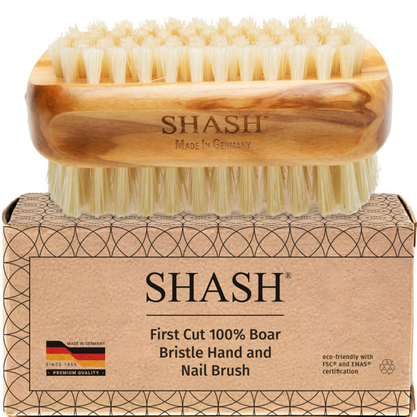 SHASH Made in Germany - 100% First Cut Boar Bristle Nail Brush - Gently Removes Dirt, Grime for Clean Hands - Exfoliates Skin for Soft, Smooth Texture, Wood (Olive) (Black Boar Bristle)
