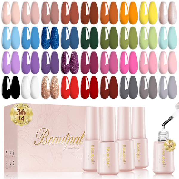 Larvall Beautpal 40 PCS Gel Nail Polish Set All Seasons Collection 36 Colors Gel Polish 7ml Popular Nude Pink Pastel Nail Polish Starter Kit for Nail Art DIY at Home