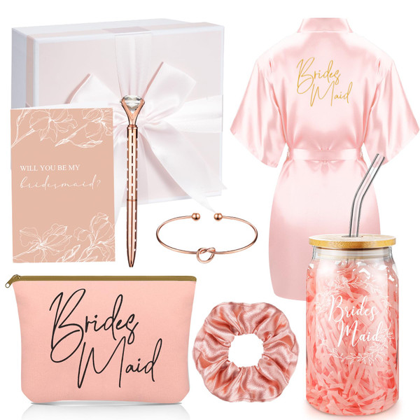 Irenare Bridesmaid Proposal Gifts Set Robes Makeup Bag Cup Cards Hair Tie Bracelet Diamond Pen Bridesmaid Gift Box(Pink,24 Pcs)