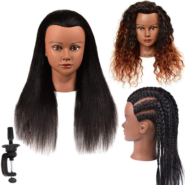 18 Inch 100% Real Hair Mannequin Head Training Head Manikin Cosmetology Doll Head for Hairdresser Practice Braiding Hair Styling with Clamp stand