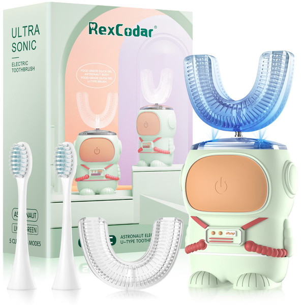 RexCodar Ultrasonic Kid's U-Shaped Electric Toothbrush, IPX7 Waterproof, Five Cleaning Modes, Cartoon Astronaut, 60S Smart Reminder (2-6 Age (Green))