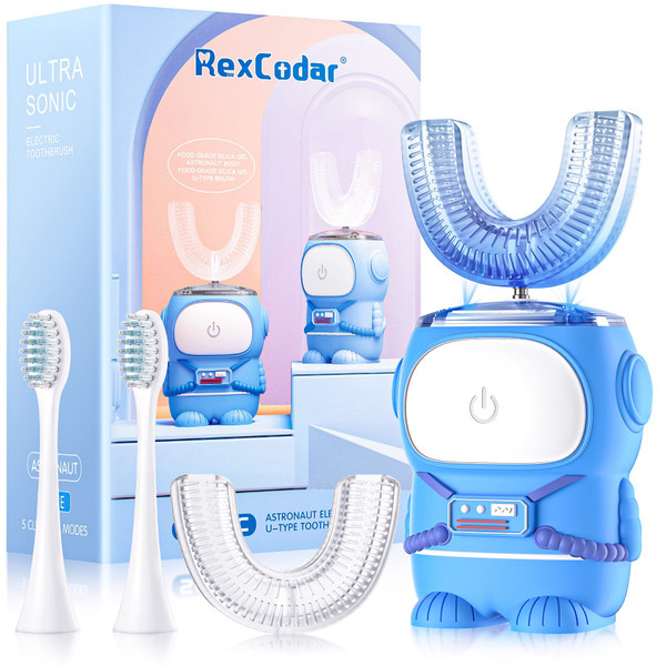 RexCodar Ultrasonic Kid's U-Shaped Electric Toothbrush, IPX7 Waterproof, Five Cleaning Modes, Cartoon Astronaut, 60S Smart Reminder (2-6 Age (Blue))