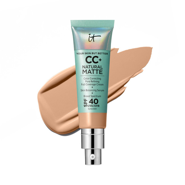 IT Cosmetics CC+ Cream Natural Matte (Neutral Medium) - Poreless Full Coverage Foundation With SPF 40, 16HR Shine Control, Color-Corrector, Skin-Balancing Serum, Noncomedogenic - 1.08 fl oz