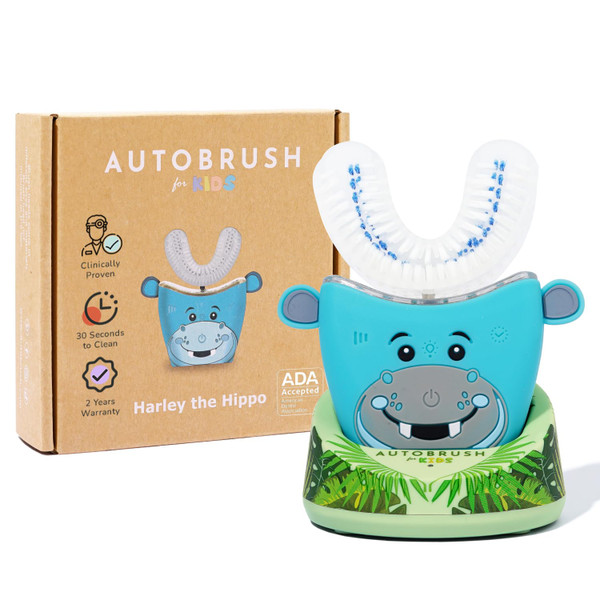 autobrush Kids Electric Toothbrush – Only ADA Accepted U-Shaped Toothbrush, Clinically Proven Up to 5.1X Better Cleaning, 30 Seconds, Full-Mouth 360 Coverage, LED Lights, Music, Ages 6-8, Hippo