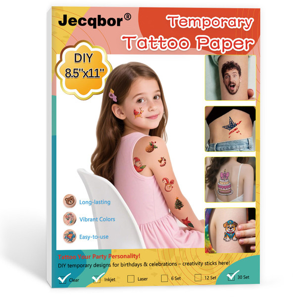 Printable Temporary Tattoo Paper for INKJET Printer, 30-Sets Custom Tattoo Printer Sticker 8.5X11", DIY Personal Clear Transfer Paper for Kids, Family, Christmas, Birthdays, Parties, Festivals