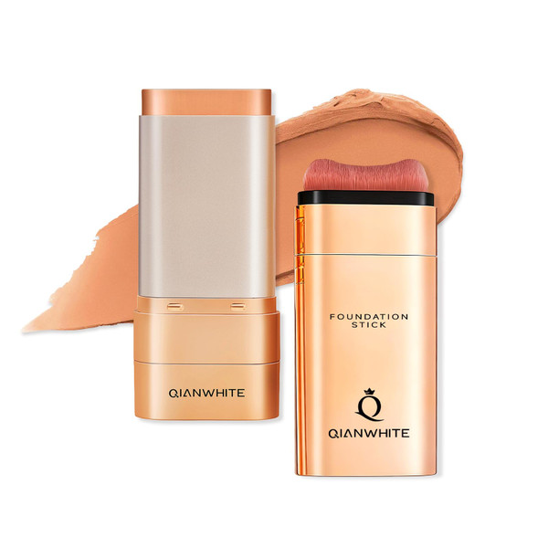QIANWHITE Korean Foundation Stick Foundation for Mature Skin Tint, Buildable Light to Medium Coverage Foundation Makeup Concealer, Dual-Ended with Brush for All Skin -Natural Dewy Finish (BROWN)