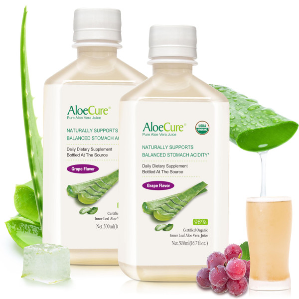 AloeCure USDA Organic Aloe Vera Juice Grape Flavor, Made Within 12 Hours of Harvest - Pure Aloe Vera Digestive & Immune Health Supplement, Helps Maintain Balanced Stomach Acidity, 16.7oz x 2 Btls
