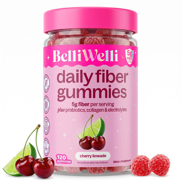 Belli Welli Fiber 4-in-1 Fiber Gummies Supplement with Added Probiotics, Collagen and Electrolytes for Regularity and Bloat Relief, 120 Count (Cherry Limeade)