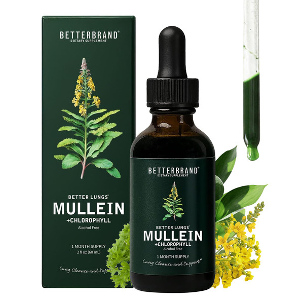Betterbrand Mullein Drops for Lung Detox - Mullein Leaf Tincture with Chlorophyll - Respiratory Health Support, Alcohol-Free, 1 Month Supply - 10:1 Extract