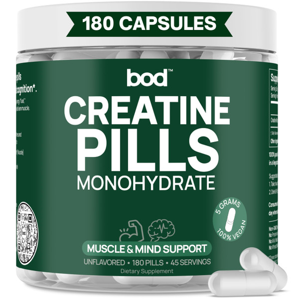 Bod Creatine Monohydrate Capsules – 45 Servings (4 Capsules = 5 g) – Ultra-Pure 200 Mesh Creatine Monohydrate – Strength, Power, Muscle Growth & Recovery