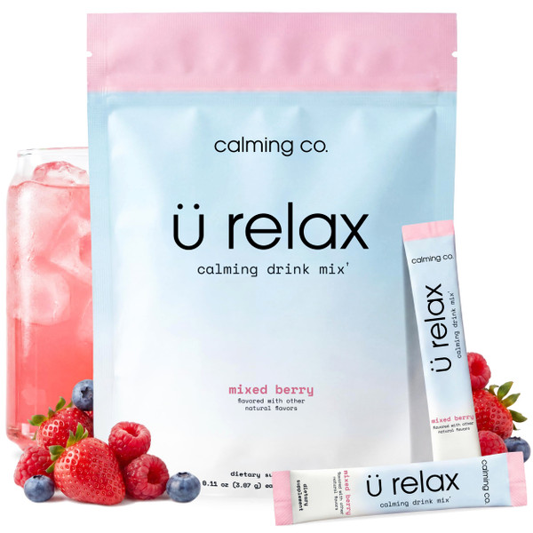 Calming Co. Ü Relax 2.0 Powder Drink Mix, Mixed Berry, Ashwagandha & L-Theanine, Adaptogens, Cortisol, Sleep Aid, Ready-to-Mix, Sugar Free, Zero Calorie, 20 Stick Packs