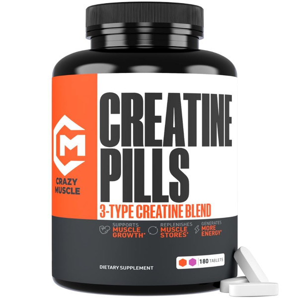 Crazy Muscle Creatine Monohydrate Pills, Premium 3 Type 5g Creatine Pills, Pre and PostWorkout & Keto Energy Builder, Easy to Take Three-Atine for Optimum Performance Men Women, 180 Tablets