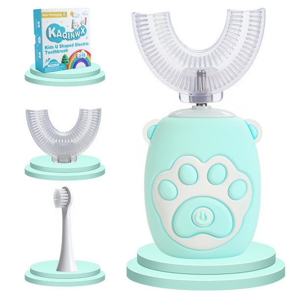 KAQINWX Kids U Shaped Electric Toothbrush for Age 2-12, Rechargeable Toddler Toothbrush with Smart Timer & 3 Clean Modes, Cat's Claw Design, IPX7 Waterproof, 3 Brush Heads & 360°Cleaning