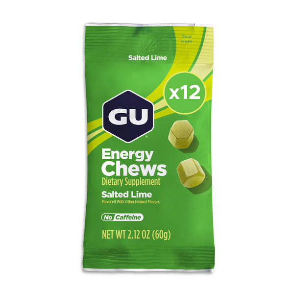 GU Energy Chews, Salted Lime Energy Gummies with Electrolytes, Vegan, Gluten-Free, Kosher, Caffeine-Free, and Dairy-Free On-the-Go Energy for Any Workout, 12 Bags (24 Servings Total)