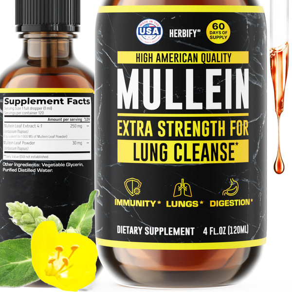 HERBIFY Mullein Drops - Lung Cleanse - Leaf Extract - Powerful Mullein for Immune Support,Detox & Respiratory Support - Made in USA - Lung Cleanse for Smokers - 4 Oz