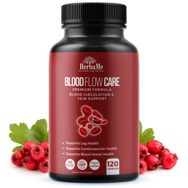 HerbaMe Blood Circulation Supplement, 120 Capsules, Supports Healthy Blood Flow & Leg Vein Wellness with Niacin, L-Arginine, Hawthorn, Ginger, Cayenne, Diosmin & Horse Chestnut
