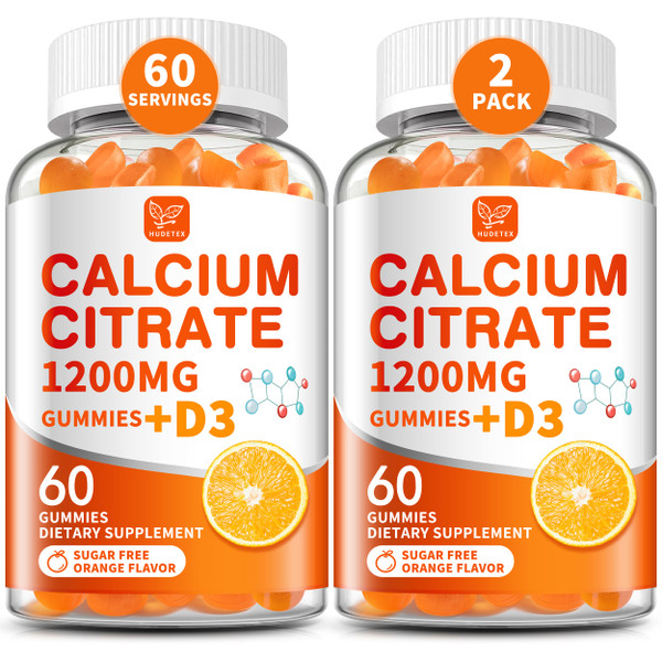 (2 Pack) Calcium Citrate 1200 mg with Vitamin D3 Gummies for Women & Men,Calcium Supplements for Bone & Teeth Support,High Absorption - Easy to Digest, Sugar Free,Vegan,Orange Flavor,60 Day Supply