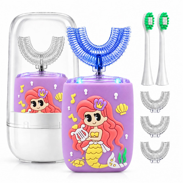 Geacker Kids Electric Toothbrush, U Shaped Toothbrush Kids Sonic Automatic Brush with Cup 5 Brush Head 6 Clean Modes IPX7 Waterproof Mermaid Design Rechargeable Smart Timer for Children 8-13