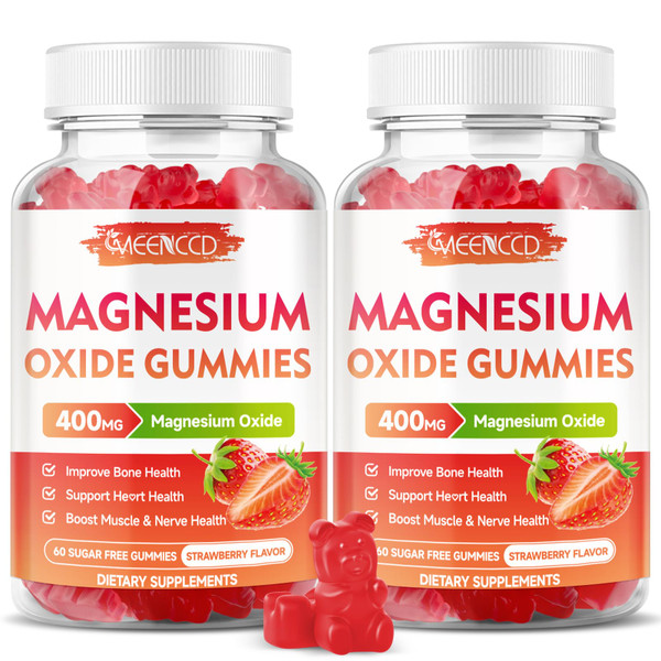 2 Pack Magnesium Oxide Gummies 400mg, Chewable Magnesium Oxide Supplement for Adults & Kids, Muscle Function Support, Non-GMO, Sugar-Free, Strawberry Flavor, 120 Count
