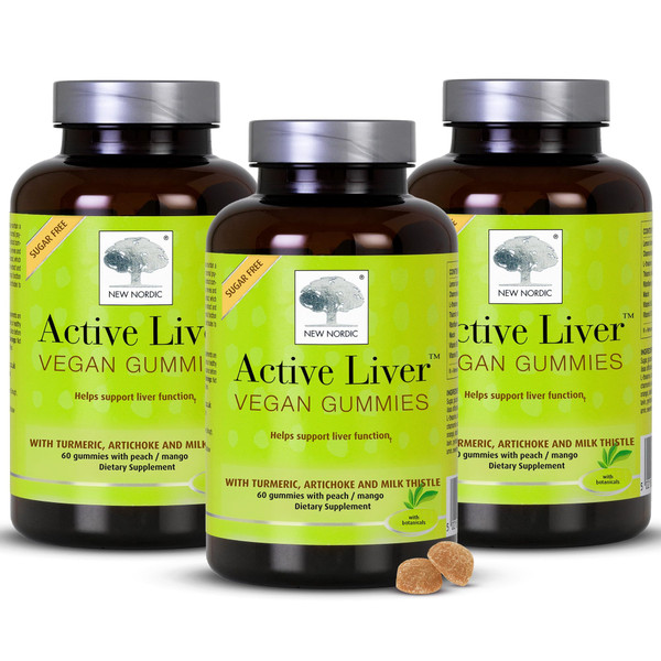 New Nordic Active Liver Gummies, Milk Thistle, Artichoke & Turmeric Supplement, Natural Peach & Mango Flavor, Sugar Free & Vegan, 60 Count (Pack of 3)