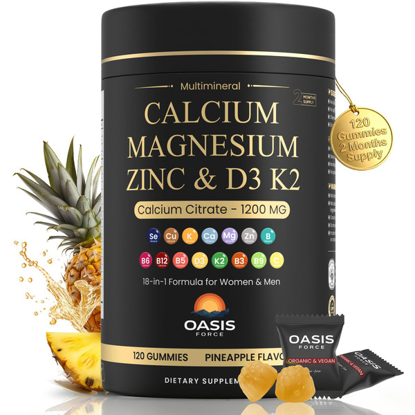 Calcium 1200 mg with Vitamin D3 Gummies, Calcium Citrate Supplements for Women & Men with Magnesium, Zinc, Vitamin D3 & K2, Potassium, Chews for Bone Strength & Muscle Support, Sugar Free, Vegan