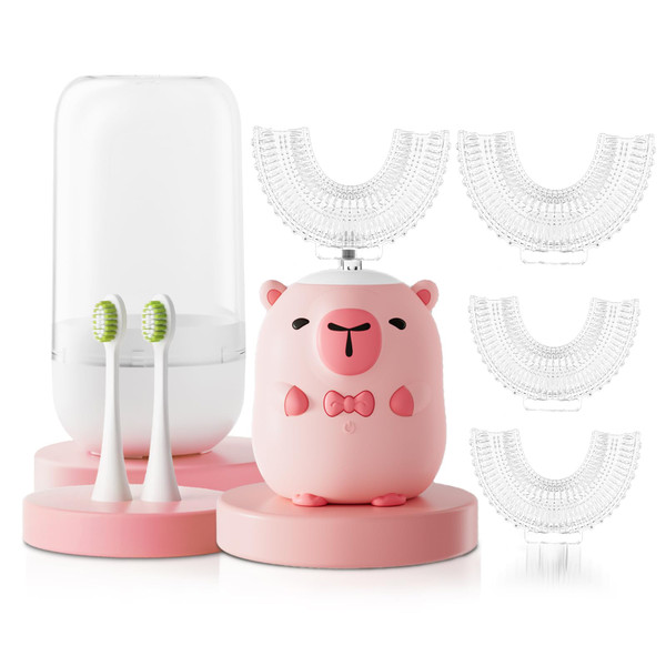 ELOTAME Kids Electric Toothbrush U Shaped - Cartoon Capybara with 6 Brush Heads Full Mouth Degree Cleaning Sonic Toddler Automatic Toothbrush with IPX7 Waterproof (Pink 2-14 Years)