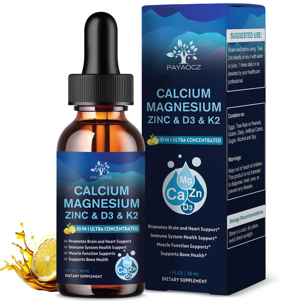 (4 Pack) 10 in 1 Calcium Magnesium Zinc Supplement, Magnesium Glycinate Complex Liquid Drops with Vitamin D3 K2 B6, Vegan Calcium Citrate Bone & Immune Health Support, Sleep & Cramps, Boron, 1 Fl Oz