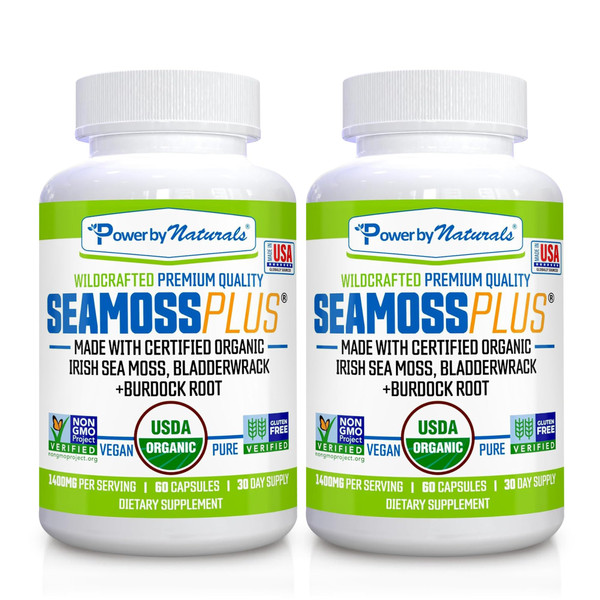 Power By Naturals Sea Moss Plus – USDA Organic Irish Sea Moss Capsules with Bladderwrack & Burdock Root – Immune Support – Vegan, Non-GMO, Gluten-Free – 120 Capsules, 2-Pack (2-Month Supply)