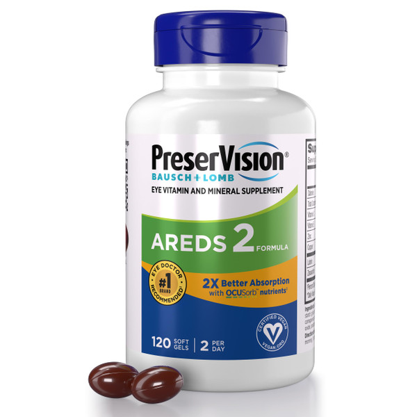 PreserVision AREDS 2 Eye Vitamin & Mineral Supplement with OCUSorb, 120 Vegan Soft Gels, Contains Lutein, Zeaxanthin, Vitamin C & E, Zinc, & Copper, Eye Health Supplements for Adults