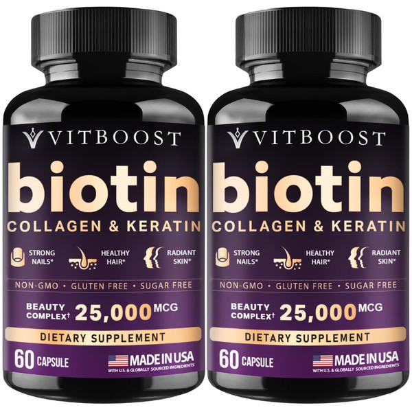 Vitboost Biotin with Hyaluronic Acid, Collagen and Keratin – 25000 mcg Hair Growth Vitamins for Men and Women – Nails and Skin, USA Made - Third Party Tested, B1, B2, B3, B6, B7 Complex - 120 Capsules