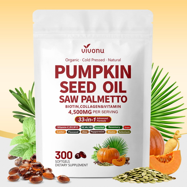 VivoNu Pumpkin Seed Oil with Saw Palmetto Capsules | 4500mg | 300 Count| 33 in 1 Vitamin C D3 B12 E A, Castor, Zinc, Biotin, Iron, Peppermint | Hair Growth & DHT Blocker for Women Men