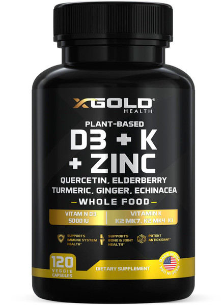 Vitamin D, K2, K1, Zinc, Quercetin, Elderberry, Turmeric, Ginger & Echinacea Whole Food Supplement 8 in 1- D3 5000 IU Plant-Based from Lichen, Vitamin K (K2 MK7, MK4, K1), D3 K2 Vitamins -120 Capsules