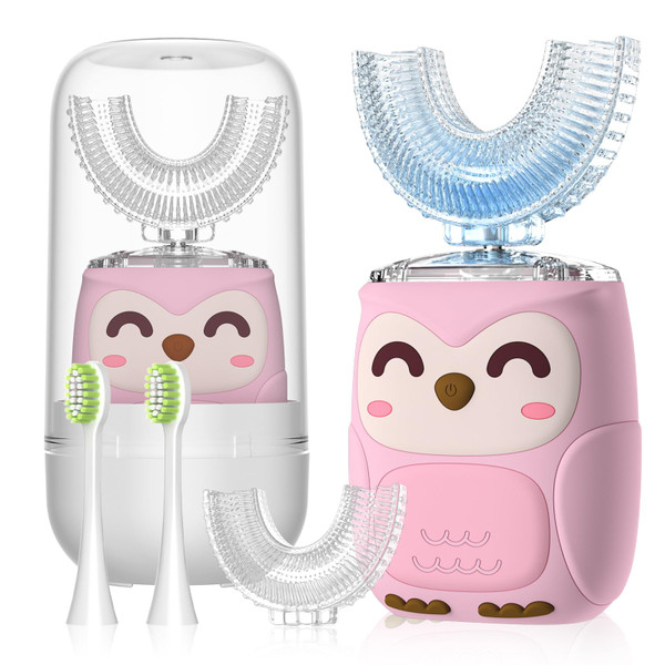 PVOGRT Kids Electric U Shaped Toothbrush Kids Sonic Toothbrush with 4 Soft Brush Head Automatic Full Mouth 6 Cleaning Mode-(Age2-7 Pink)