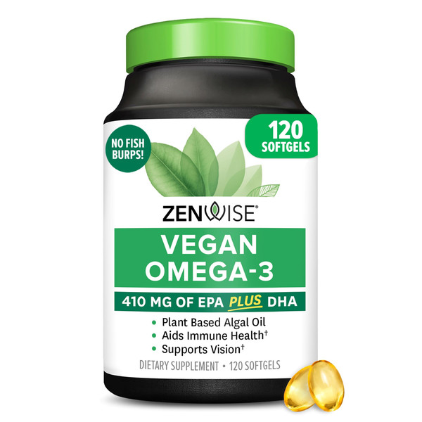 Zenwise Health Vegan Omega 3 Supplement - Burpless Omega 3 Supplement with DHA, EPA & DPA Fatty Acids for Immune Health - Fish Oil Alternative from Sustainably Sourced Marine Algae Oil - 120 Softgels