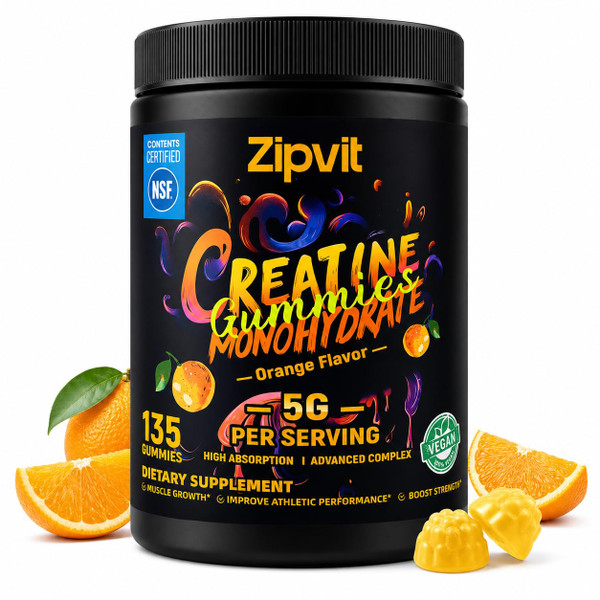 Creatine Monohydrate Gummies, NSF Certified Creatine Gummy, 5g Dose for Men & Women to Support Muscle, Strength, Recovery, Cognitive Health & Memory, Orange Flavor, 135 Gummies