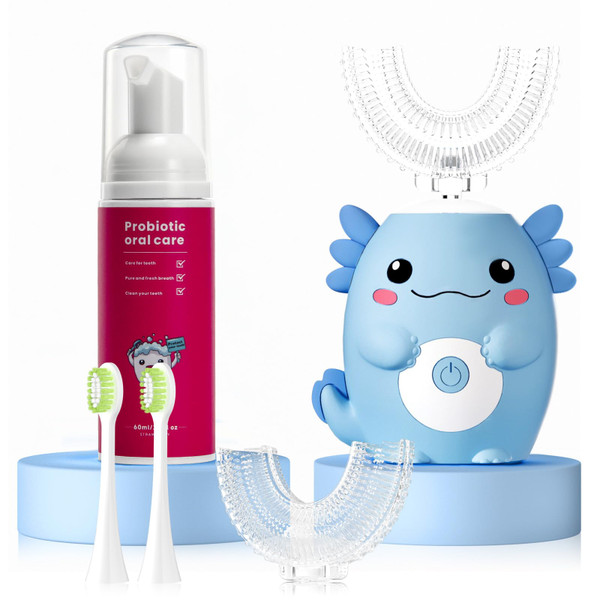 PVOGRT Kids Electric U Shaped Toothbrush,Kids Axolotl Sonic Full Mouth Toothbrush with 4 Soft Brush Head Automatic 6 Cleaning Modes IPX7 Waterproof 360 Degree Cleaning - Age2-15 Blue