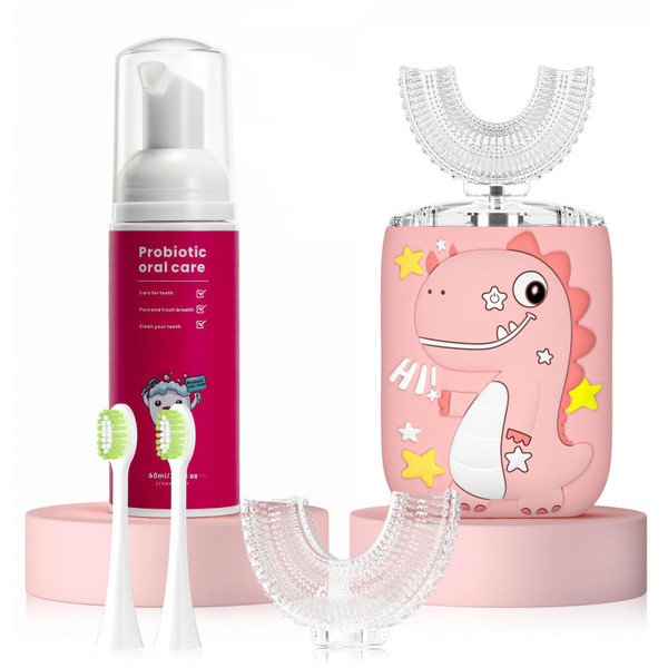 PVOGRT Kids Electric U Shaped Toothbrush,Kids Dinosaur Sonic Full Mouth Toothbrush with 4 Soft Brush Head Automatic 6 Cleaning Modes IPX7 Waterproof 360 Degree Cleaning - Age2-7 Pink