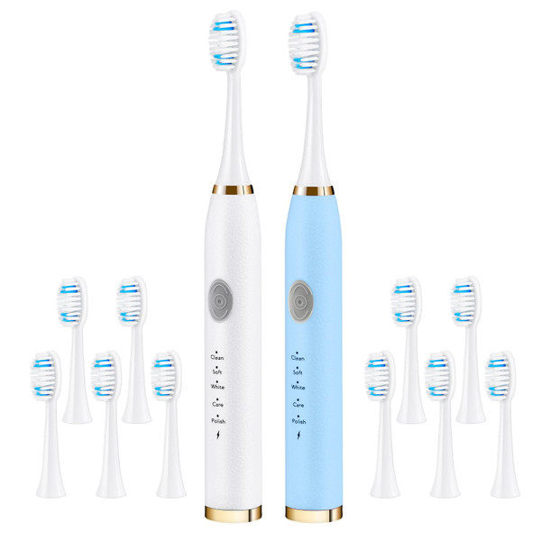 Dnil 2 Pack Electric Toothbrush for Adults and Kids, Travel Toothbrush Includes 10 Replacement Toothbrush Heads, 5 Modes with 2 MIN Smart Timer (Blue White)