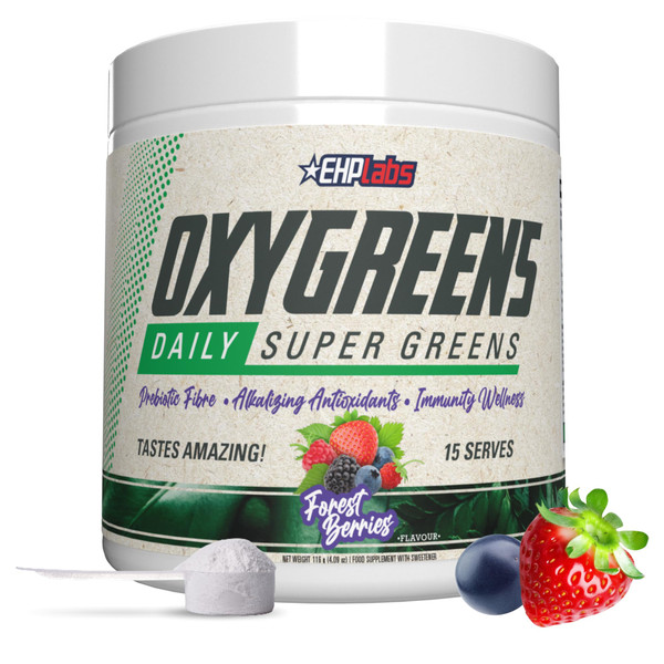 EHP Labs OxyGreens Super Greens Powder with Spirulina & Chlorella, Prebiotic Fiber, Probiotics & Digestive Enzymes – Antioxidant Green Superfood Supplement - 15 Servings (Forest Berries)