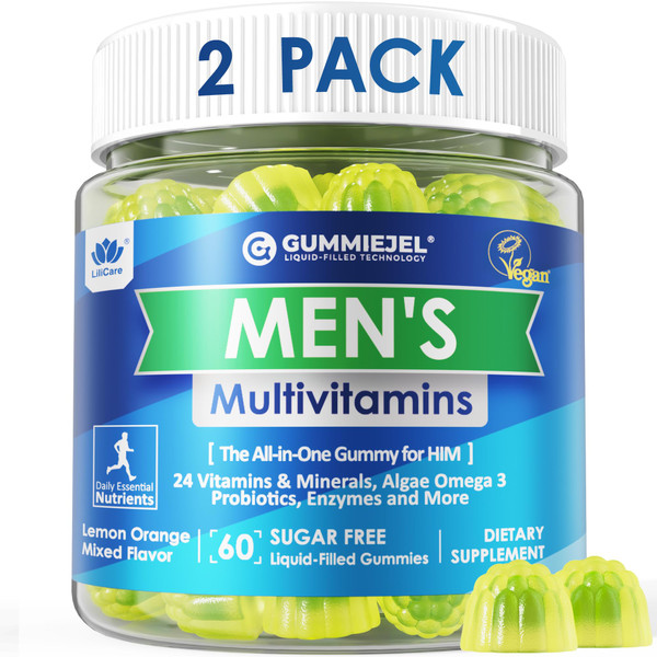 2 Pack - Mens Multivitamins Gummies, Methylated Multivitamin for Men, B Complex, Minerals, Vegan Omega 3, Probiotic, Enzyme, Antioxidants for Men's Complete Daily Support, Sugar Free, Vegan, (No Iron)