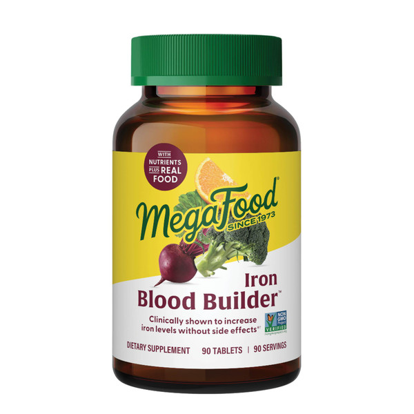 MegaFood Blood Builder Iron Supplement for Women & Men – Increase Iron Levels Without Side Effects – Improves Energy Levels – B12, Folic Acid & Vitamin C for Absorption – Vegan, Non-GMO - 90 Tablets