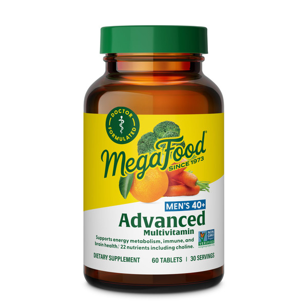 MegaFood Men's 40+ Advanced Multivitamin for Men - Dr-Formulated - Choline, Vitamin B, Vitamin C, Vitamin D, Zinc & Real Food - Brain Health, Immune Support - Vegetarian - 60 Tabs (30 Servings)
