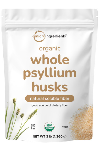 Micro Ingredients Organic Whole Psyllium Husks, 3lbs | Daily Soluble Fiber Supplement | Sourced from India | Ideal for Oatmeal, Coffee & Beverage | Unflavored, Non-GMO, Keto Friendly, Vegan